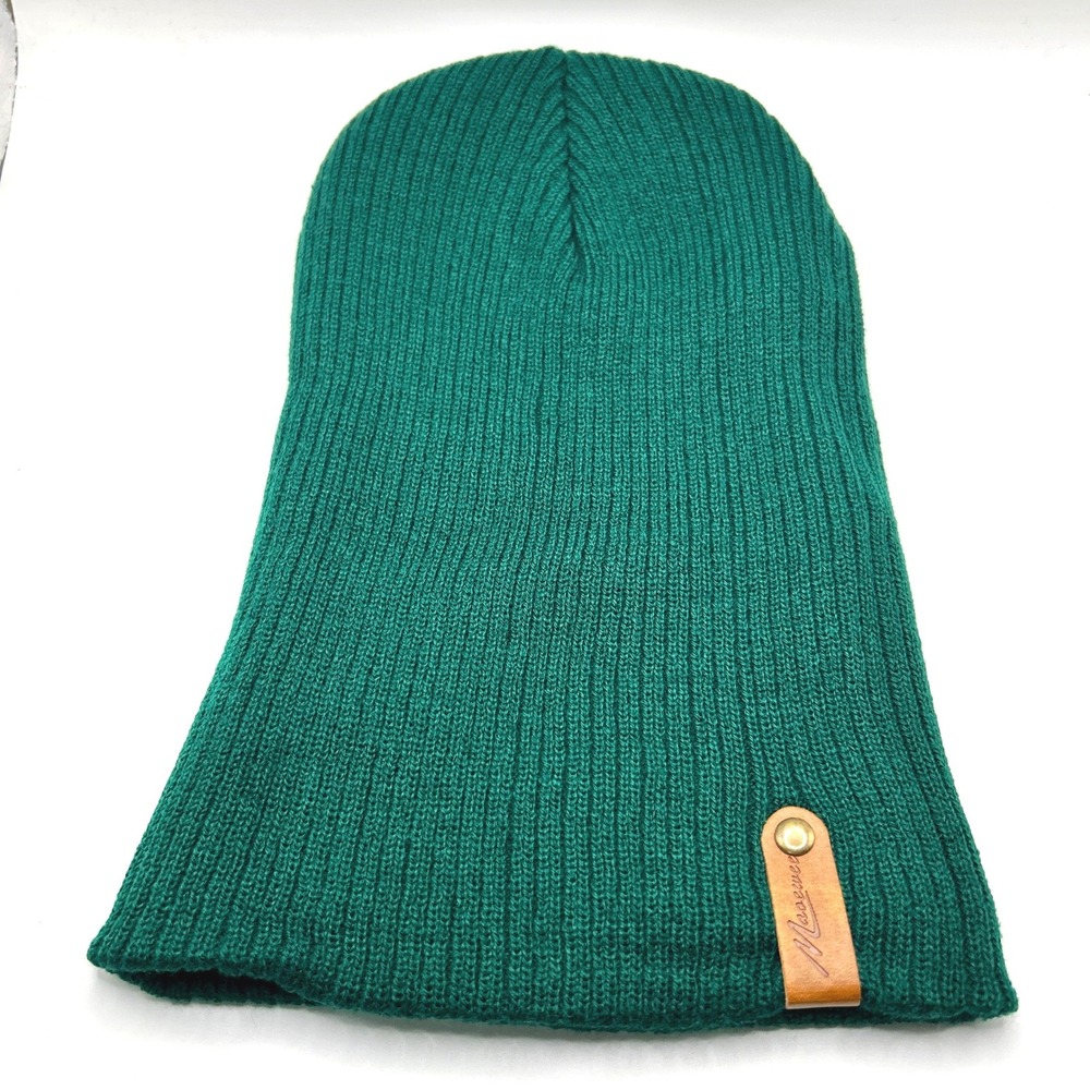 Maewee Beanie OS Green Ribbed Knit Leather Logo Tab Slouchy Skull Cap Winter Hat